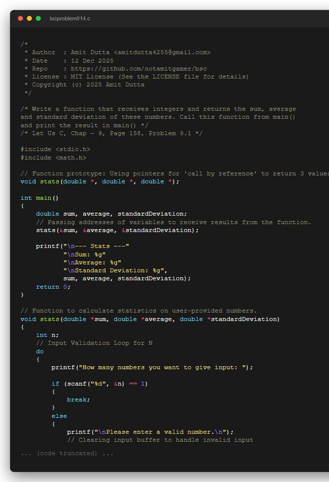 Write a function that receives integers and returns the sum, average and standard deviation of these numbers. Call this function from main() and print the result in main()